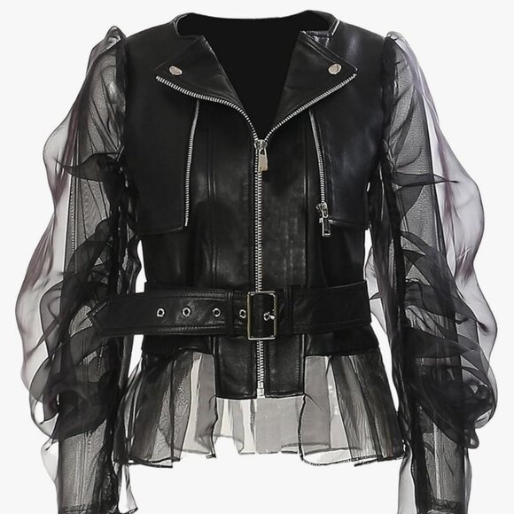 Jackets & Blazers - PU leather jacket with organza sleeves, S size